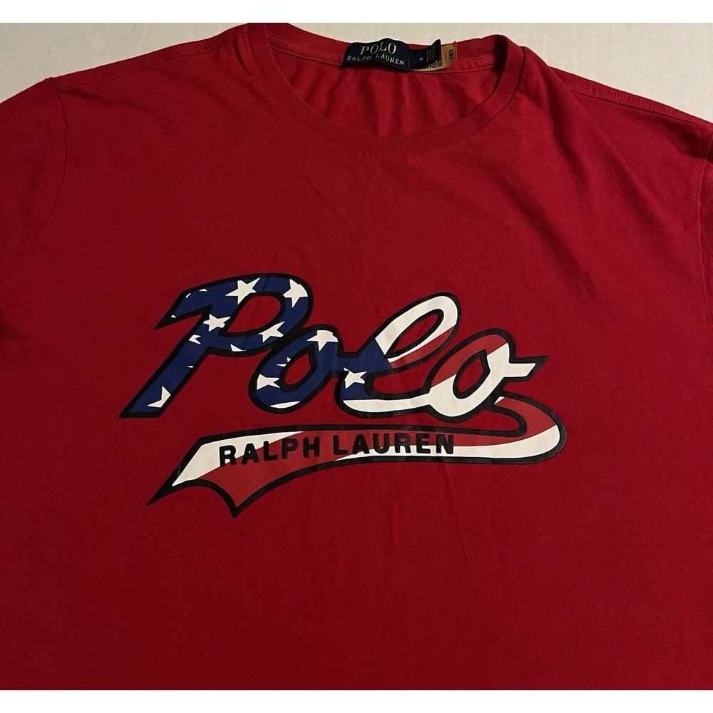 Polo Ralph Lauren Script Logo Stars Stripes USA Flag T-Shirt MED Red Blue Preppy